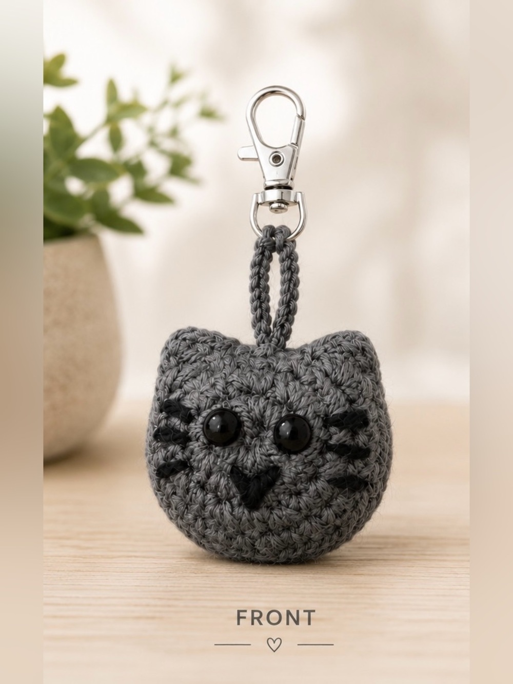 Grey Crochet Cat plush Keychain with Metal Clasp